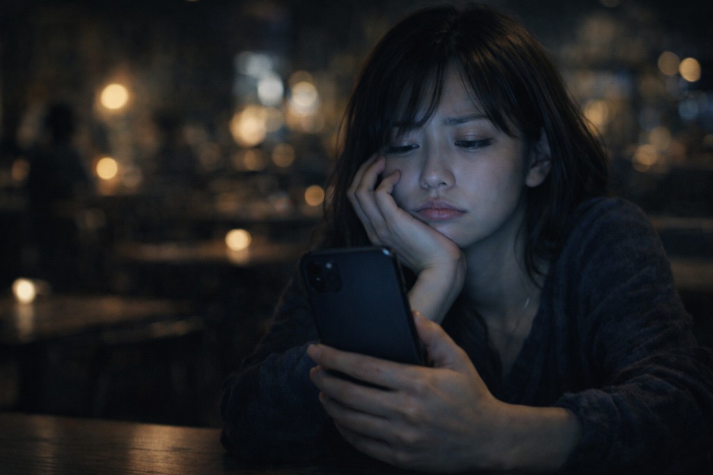 深夜スマホを見る女性